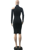 Black Fashion Sexy Adult Solid Pullovers Half A Turtleneck Long Sleeve Knee Length One-piece Suits Dresses