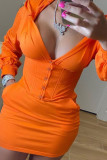 Mini abito a maniche lunghe a maniche lunghe con colletto a patchwork solido per adulti casual arancione alla moda