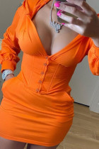 オレンジファッションカジュアル大人固体パッチワークフード付き襟長袖ミニ長袖ドレスドレス