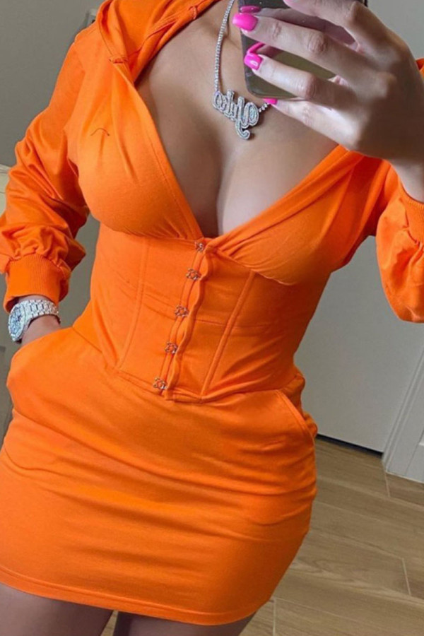 Оранжевое модное повседневное однотонное платье для взрослых в стиле пэчворк с воротником с капюшоном и длинным рукавом, мини-платье с длинными рукавами, платья