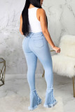 Baby Blue Sexy Solid High Waist Boot Cut Distressed Ripped Denim Jeans