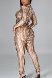 Rose Gold Fashion Street Adult Solid See-through O Neck Skinny Jumpsuits