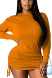 Oranje sexy effen patchwork gevouwen mini-kokerrok met capuchon, kraag en lange mouwen