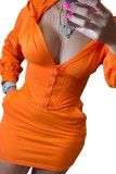 Oranje mode casual volwassen effen patchwork kraag met capuchon, lange mouwen, mini-jurk met lange mouwen