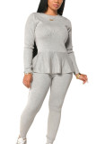 Grey Casual Solid Bandage Make Old Flounce O Neck Long Sleeve Regular Sleeve Regular Two Pieces