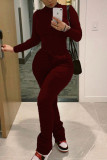 Wine Red Fashion Casual Adult Solid Patchwork O Neck Regular Jumpsuits