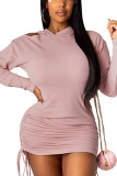 Pink Sexy Solid Patchwork Fold Hooded Collar Long Sleeve Mini Pencil Skirt Dresses