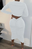 White Casual Solid Hollowed Out Fold V Neck Long Sleeve Regular Sleeve Short Two Pieces