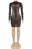 Black Fashion Sexy Adult Patchwork See-through Sequined O Neck Long Sleeve Knee Length Wrapped Skirt Dresses
