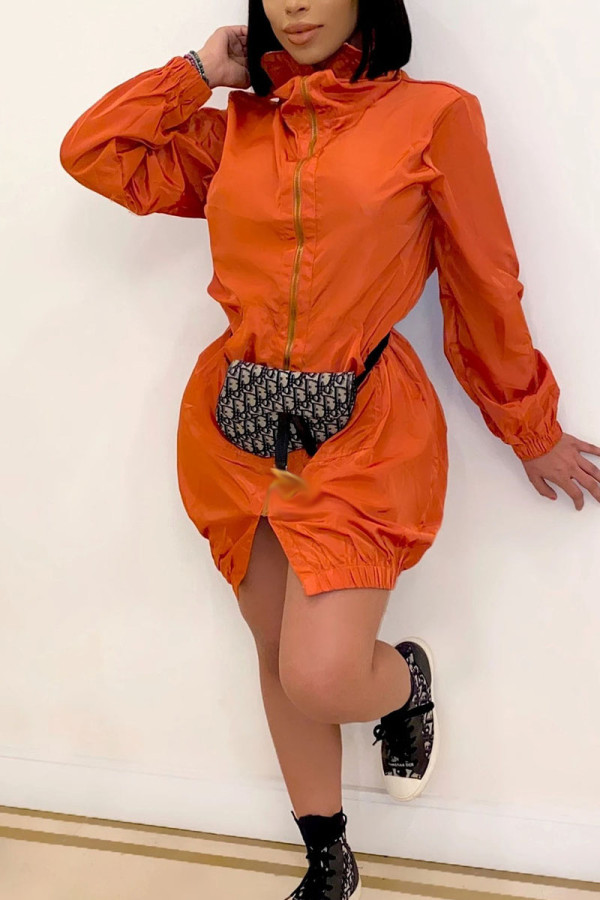 Oranje casual effen patchwork zak met rits kraag lange mouw A-lijn jurken