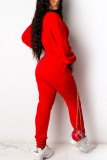 Red Fashion Casual Adult Solid Pocket V Neck Loose Jumpsuits