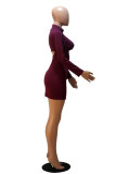 Vestidos mini saia lápis roxo sexy sólido vazado com gola redonda e manga comprida