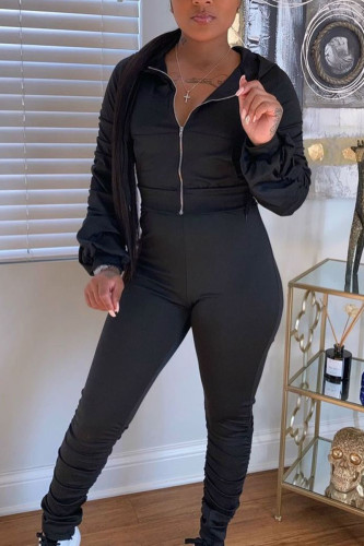 Black Sexy Twilled Satin Solid Fold Hooded Collar Long Sleeve Regular Sleeve Short Two Pieces