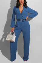 Blaue, lässige, einfarbige Overalls mit V-Ausschnitt und Taschen
