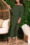 Армейский зеленый модный повседневный однотонный для взрослых в стиле пэчворк с вырезом «лодочка» и длинными рукавами с открытыми плечами, стандартные комплекты из двух предметов