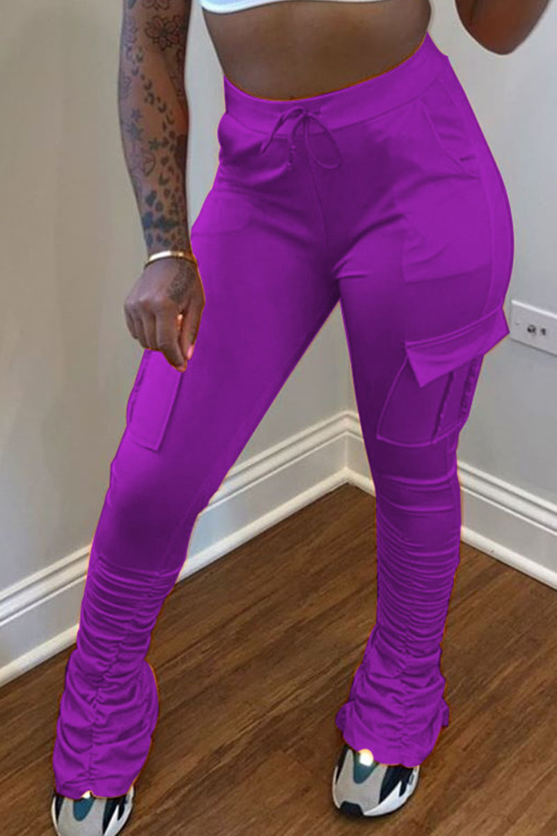 

purple venetian Elastic Fly Mid Solid Pocket pencil Pants Bottoms
