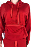 Red Daily Solid Patchwork Pocket Hooded Collar Long Sleeve Regular Sleeve Regular Two Pieces