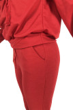 Red Daily Solid Patchwork Pocket Hooded Collar Long Sleeve Regular Sleeve Regular Two Pieces