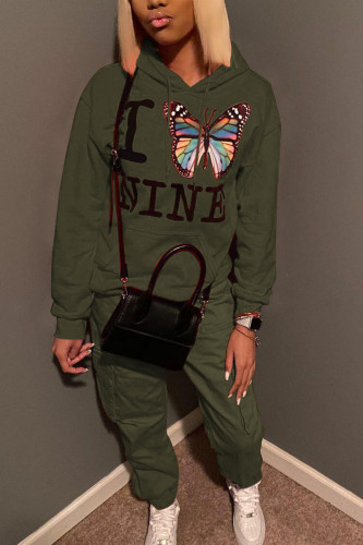 Army Green Street Butterfly Print Hooded Collar Long Sleeve Sweatshirt And Pants Sportwear Two Piece Jogger Set