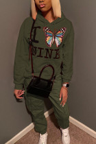 Army Green Street Polyester Print Butterfly Print Hooded Collar Long Sleeve Regular Sleeve Regular Two Pieces