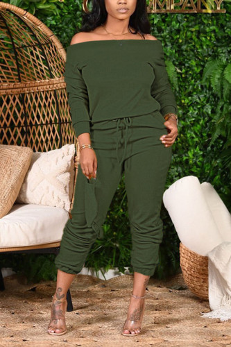 Army Green Fashion Casual Adult Solid Split Joint Bateau Neck Long Sleeve Off The Shoulder Regular Two Pieces