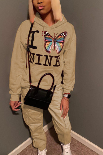 Khaki Street Butterfly Print Hooded Collar Long Sleeve Sweatshirt And Pants Sportwear Two Piece Jogger Set