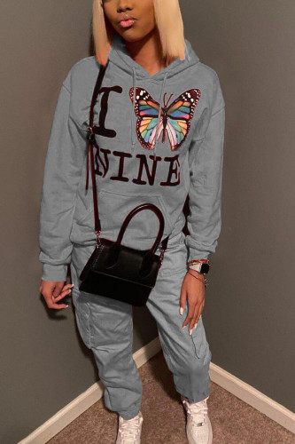 Grey Street Butterfly Print Hooded Collar Long Sleeve Sweatshirt And Pants Sportwear Two Piece Jogger Set