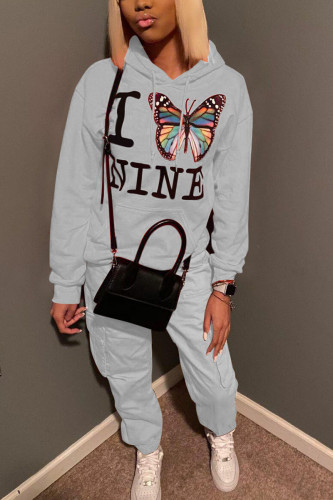 White Street Butterfly Print Hooded Collar Long Sleeve Sweatshirt And Pants Sportwear Two Piece Jogger Set