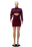 Grey Sexy Solid Hollowed Out O Neck Long Sleeve Mini Pencil Skirt Dresses