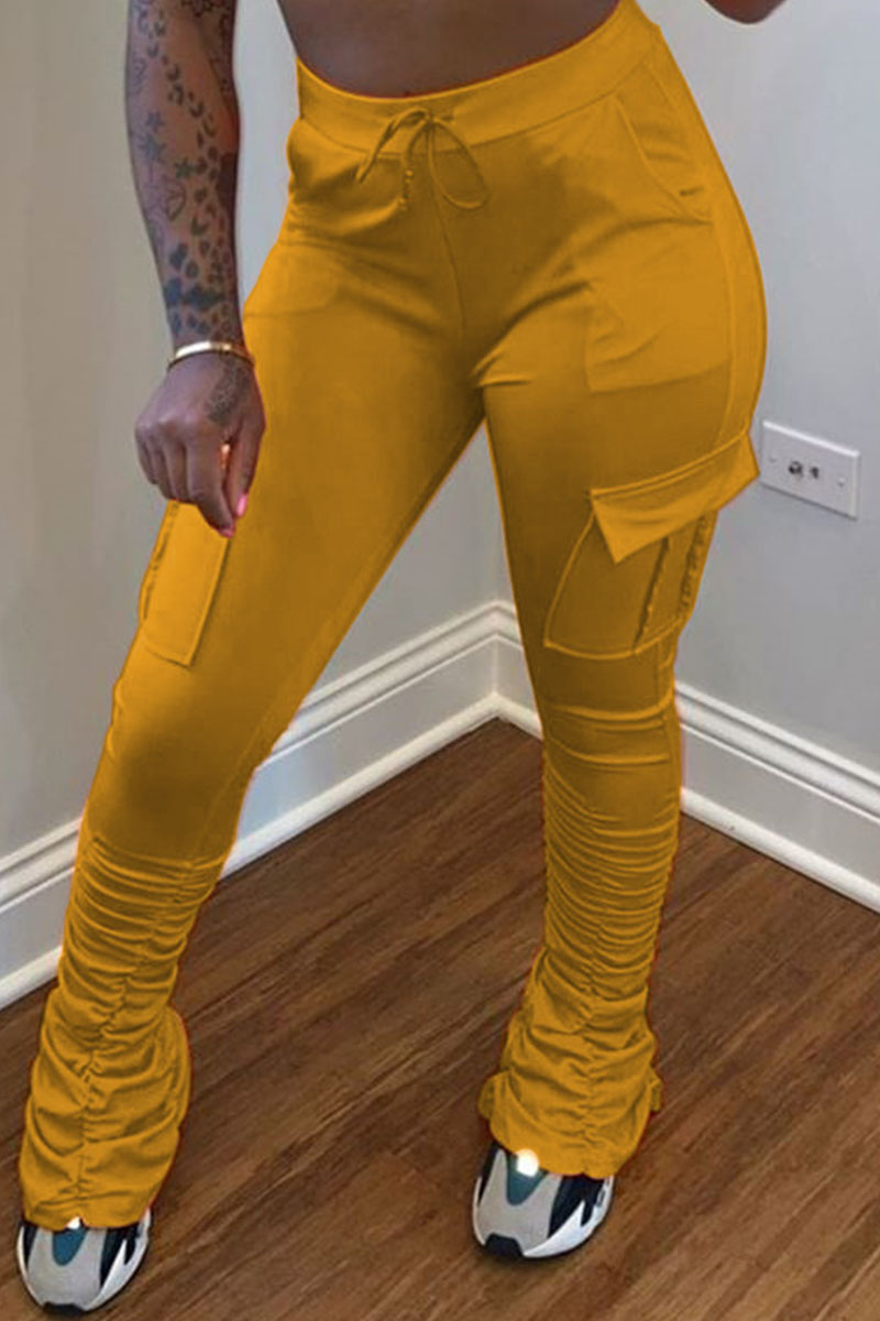 

Yellow venetian Elastic Fly Mid Solid Pocket pencil Pants Bottoms