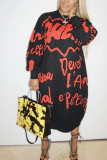 Red Spandex Air Layer Fabric Letter Print Letter Basic O Neck Long Sleeve Mid Calf Straight Dresses
