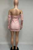 Rosa Mode süße erwachsene Spitze solide ausgehöhlt durchsichtige Bateau-Ausschnitt Langarm Mini Spitzenkleid Kleider