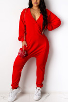 Red Fashion Casual Adult Polyester Solid Pocket V Neck Loose Jumpsuits