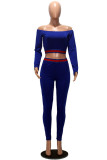 Blue Work Daily Solid Patchwork Bateau Neck Long Sleeve Regular Sleeve Short Two Pieces