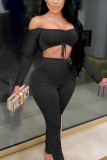 Black Sexy Solid Patchwork Draw String Fold Strapless Long Sleeve Short Two Pieces