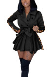 Черные модные асимметричные платья с леопардовым камуфляжным принтом и воротником-поло в стиле пэчворк