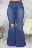 Jeans de talla grande rasgados sólidos sexy azul oscuro