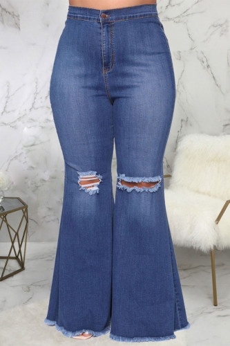 Mörkblå Sexiga Solid Ripped Plus Size Jeans
