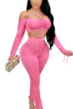 Pink Sexy Solid Patchwork Draw String Fold Strapless Long Sleeve Short Two Pieces