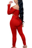 Red Sexy Solid Patchwork Draw String Fold Strapless Long Sleeve Short Two Pieces