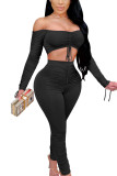 Black Sexy Solid Patchwork Draw String Fold Strapless Long Sleeve Short Two Pieces