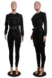 Black Street Solid Patchwork O Neck Long Sleeve Regular Sleeve Short Two Pieces