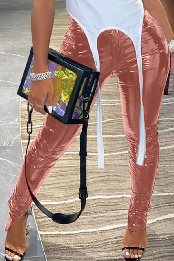 Pantaloni skinny in pelle sintetica per adulti Pink Fashion Street