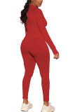 Rote modische Sportbekleidung für Erwachsene, einfarbig, Patchwork, O-Ausschnitt, lange Ärmel, normale Ärmel, regelmäßig, zweiteilig