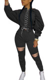 Black Fashion Casual Patchwork Ripped Strap Design O Neck Long Sleeve Batwing Sleeve Regular Two Pieces