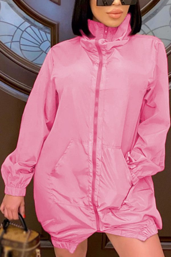 Розовые модные повседневные однотонные лоскутные водолазки для взрослых с длинным рукавом мини-платья трапециевидной формы