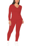 Red Fashion Sportswear Adult Solid Patchwork V Neck Long Sleeve Regular Sleeve Regular Two Pieces