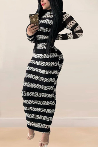 Grey Fashion Street Adult Milk Fiber Patchwork Print Patchwork O Neck Long Sleeve Ankle Length One-piece Suits Dresses