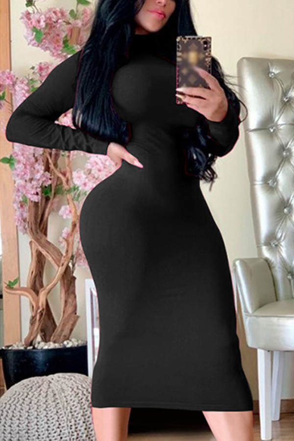 Black Fashion Sexy Adult Milk Fiber Solid Patchwork Turtleneck Long Sleeve Knee Length One-piece Suits Dresses