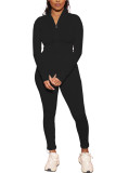 Noir vêtements de sport à la mode adulte solide Patchwork col rond manches longues manches régulières régulier deux pièces
